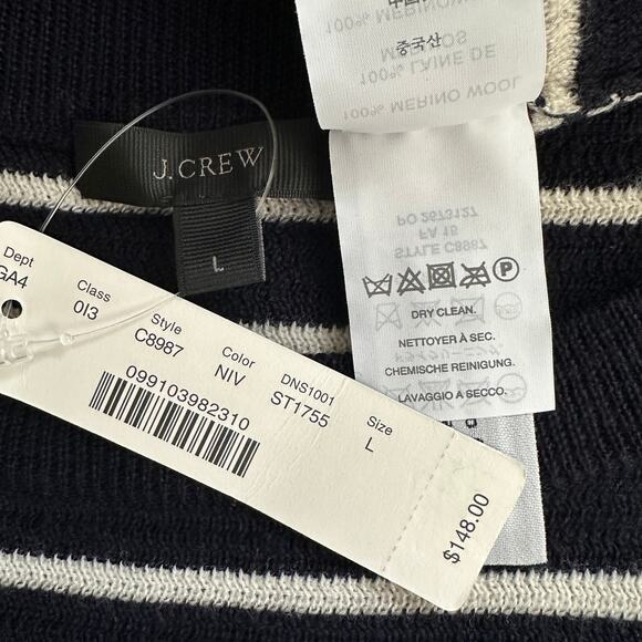 NEW J Crew Sweater Dress Large 100 Merino Wool Navy White Stripe Luxury Preppy - Picture 8 of 10